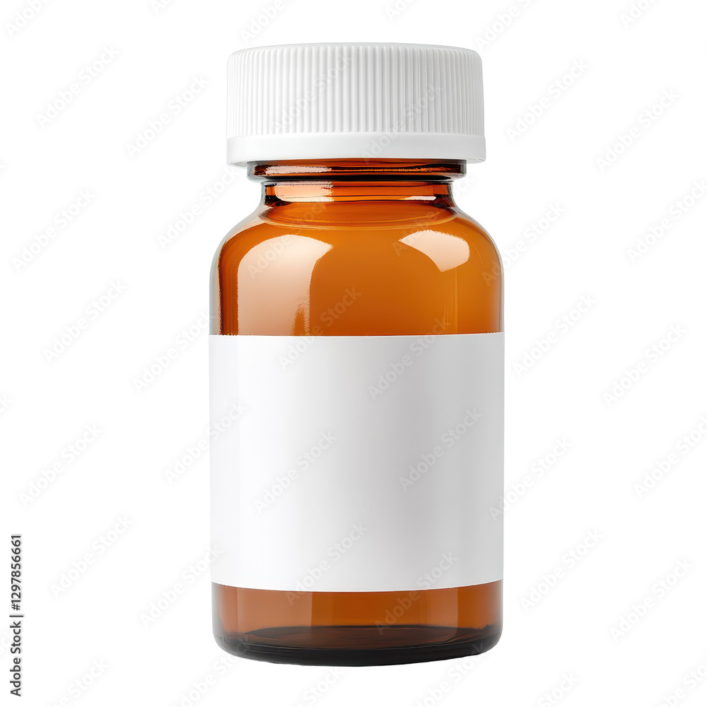Amber glass medicine bottle, small size, blank label for customization, suitable for pharmaceuticals or herbal remedies. Isolated on white background or PNG Amber glass medicine bottle, small size, blank label for customization, suitable for pharmaceuticals or herbal remedies. Isolated on white background or PNG
