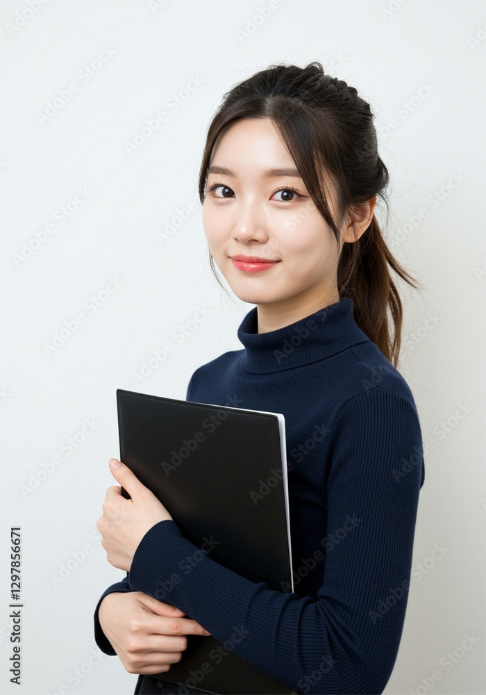 beautiful young woman standing upright confidently holding a black document folder with a smiling face on a white background beautiful young woman standing upright confidently holding a black document folder with a smiling face on a white background