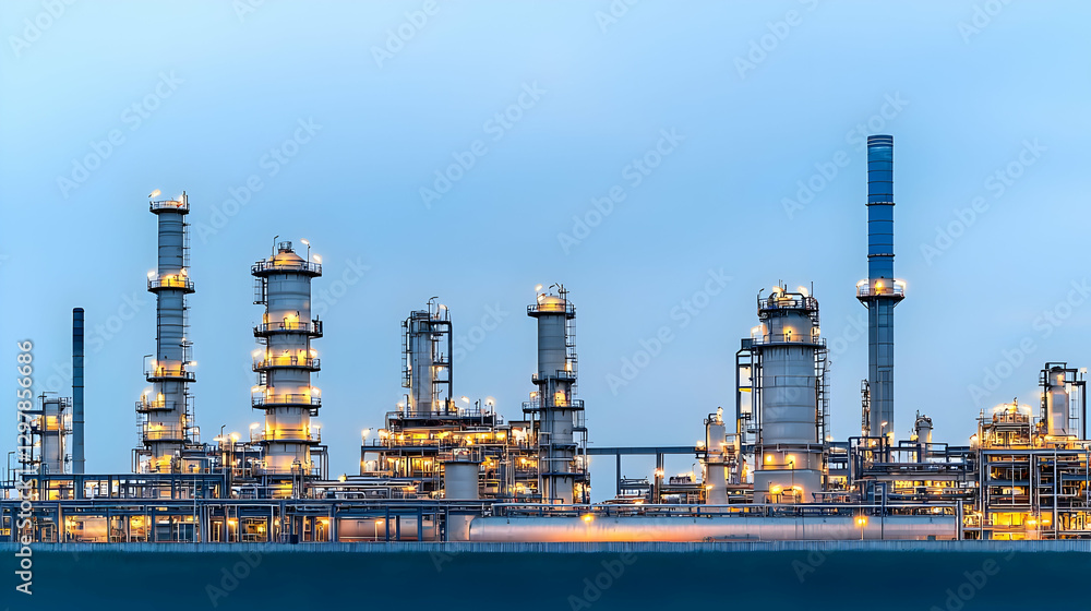 Illuminated Industrial Complex At Dusk With Steel Structures And Blue Hued Sky Illuminated Industrial Complex At Dusk With Steel Structures And Blue Hued Sky