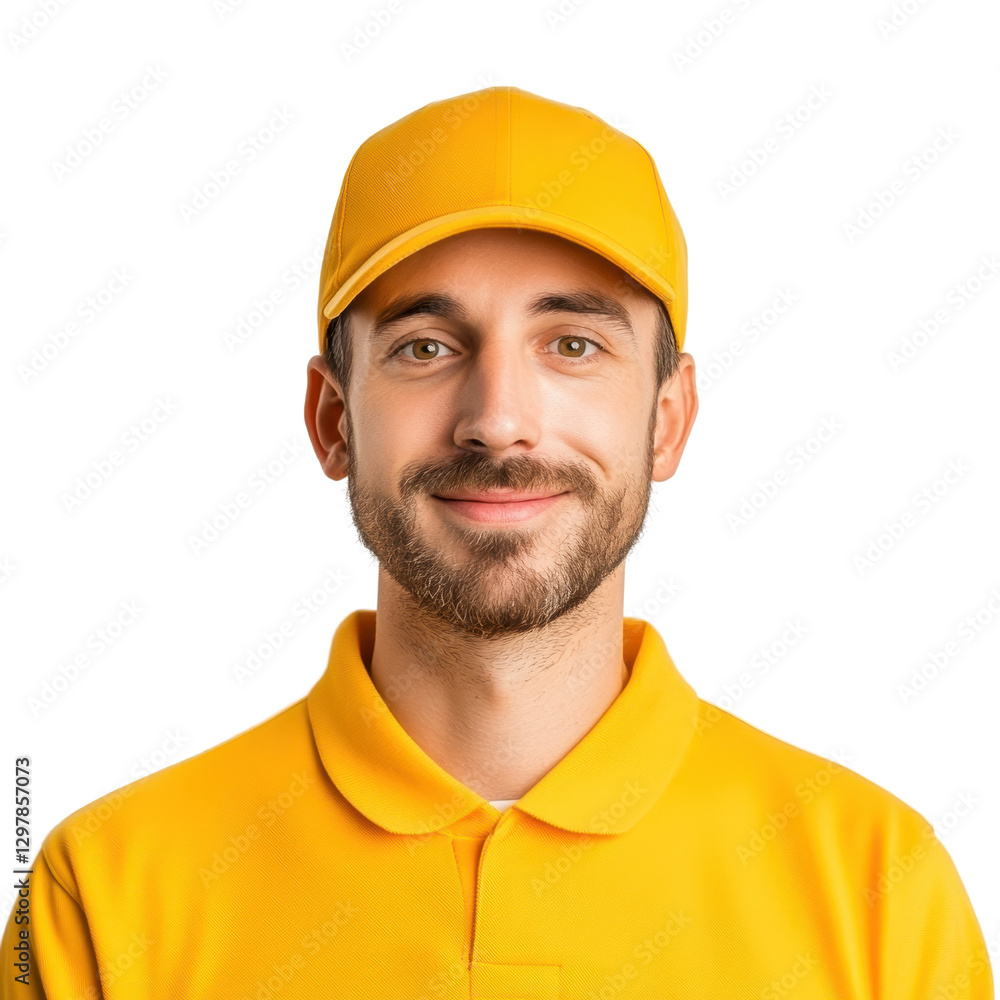 Friendly delivery driver in bright yellow uniform, smiling man with cap ready to assist, ideal for delivery service themes. Isolated on white background or PNG Friendly delivery driver in bright yellow uniform, smiling man with cap ready to assist, ideal for delivery service themes. Isolated on white background or PNG