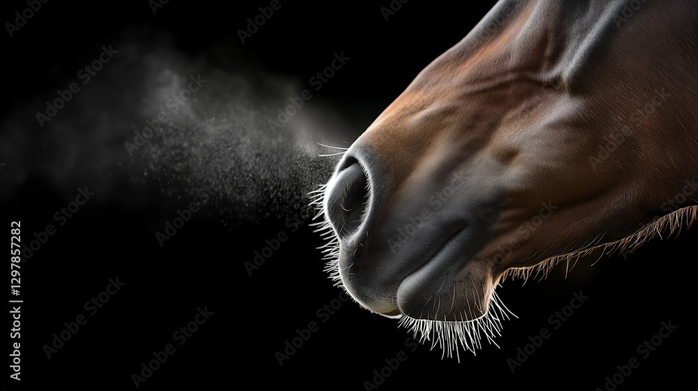 Obraz premium The Intensity of the Race - A close-up of a horseâs mouth, its breath visible in the cool air, sweat glistening on its coat.