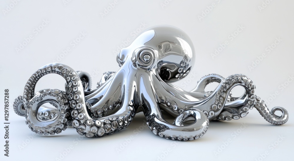 Obraz premium Chrome octopus sculpture, shiny, metallic, 3D render.