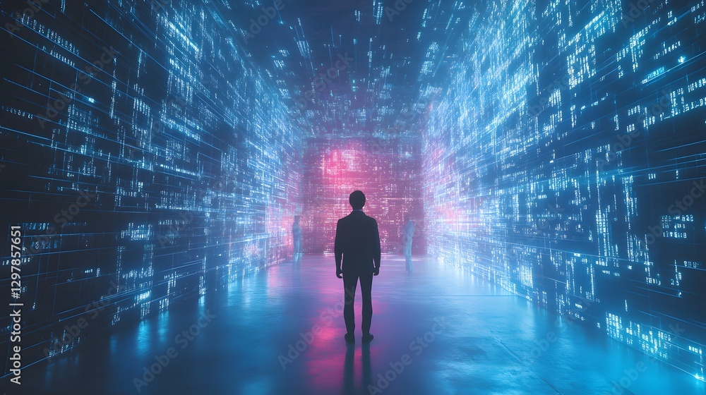 man in digital data corridor man in digital data corridor