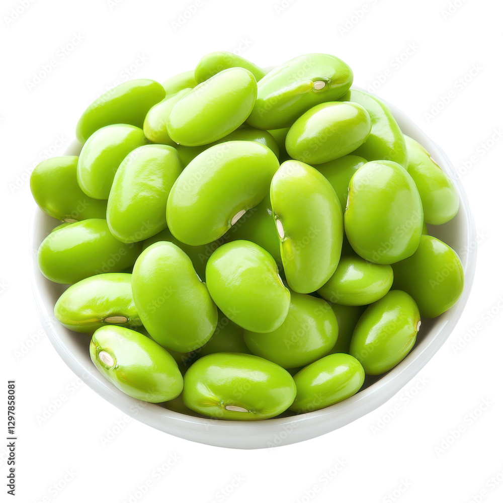 Fresh green edamame, vibrant soybean pods in a clear bowl, healthy snack option, perfect for salads or appetizers. Isolated on white background or PNG Fresh green edamame, vibrant soybean pods in a clear bowl, healthy snack option, perfect for salads or appetizers. Isolated on white background or PNG