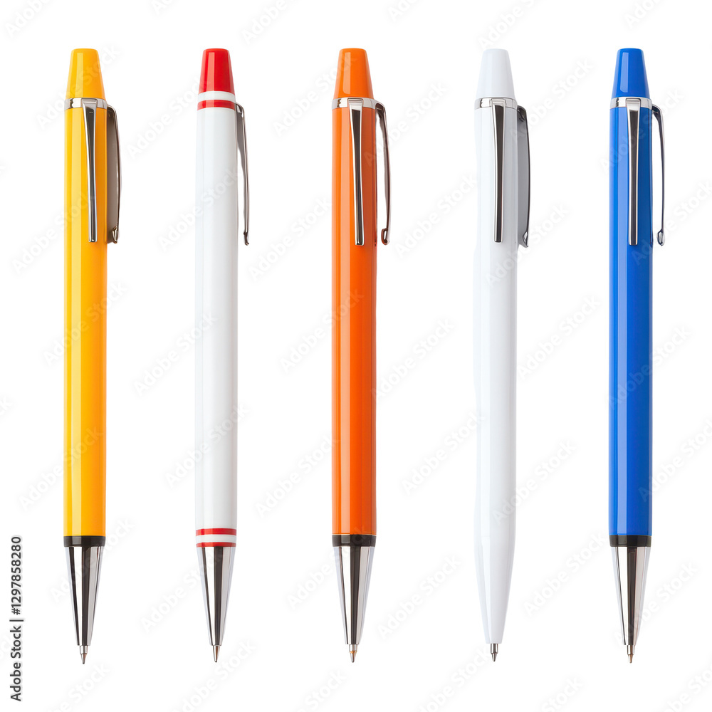 Fototapeta premium Colorful pens arranged in a row, vibrant stationery items showcasing red, blue, yellow, orange, and white, ideal for creative projects. Isolated on white background or PNG