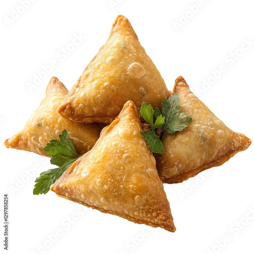 Samosas plate with sauce isolated on white background.