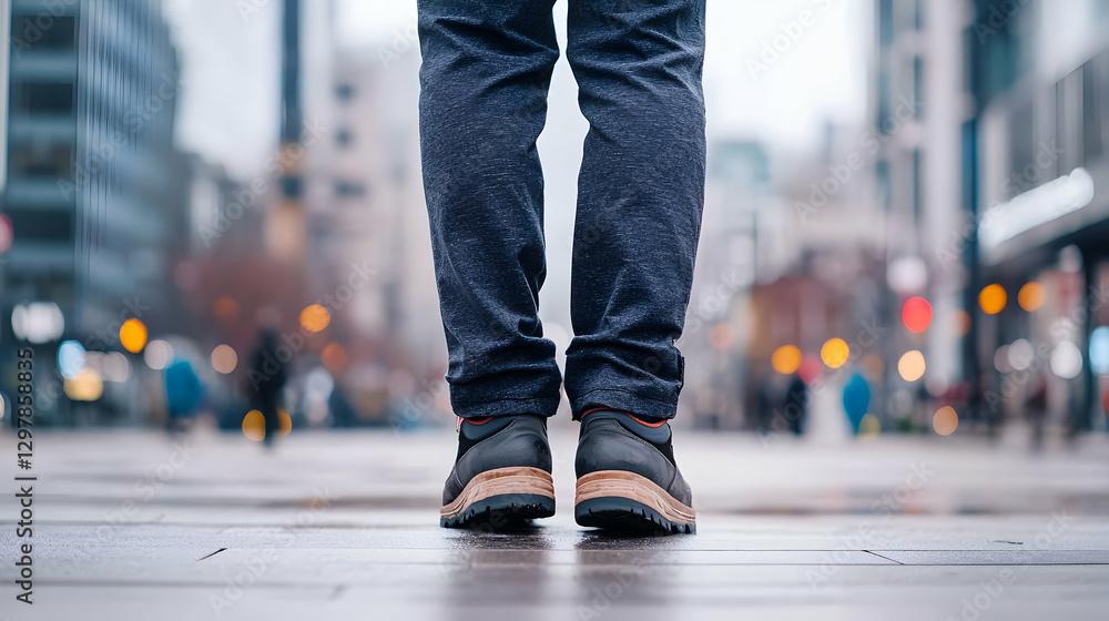 Person Walking In Dark Shiny Pants On Wet Street In Front Of Blurry Buildings Person Walking In Dark Shiny Pants On Wet Street In Front Of Blurry Buildings