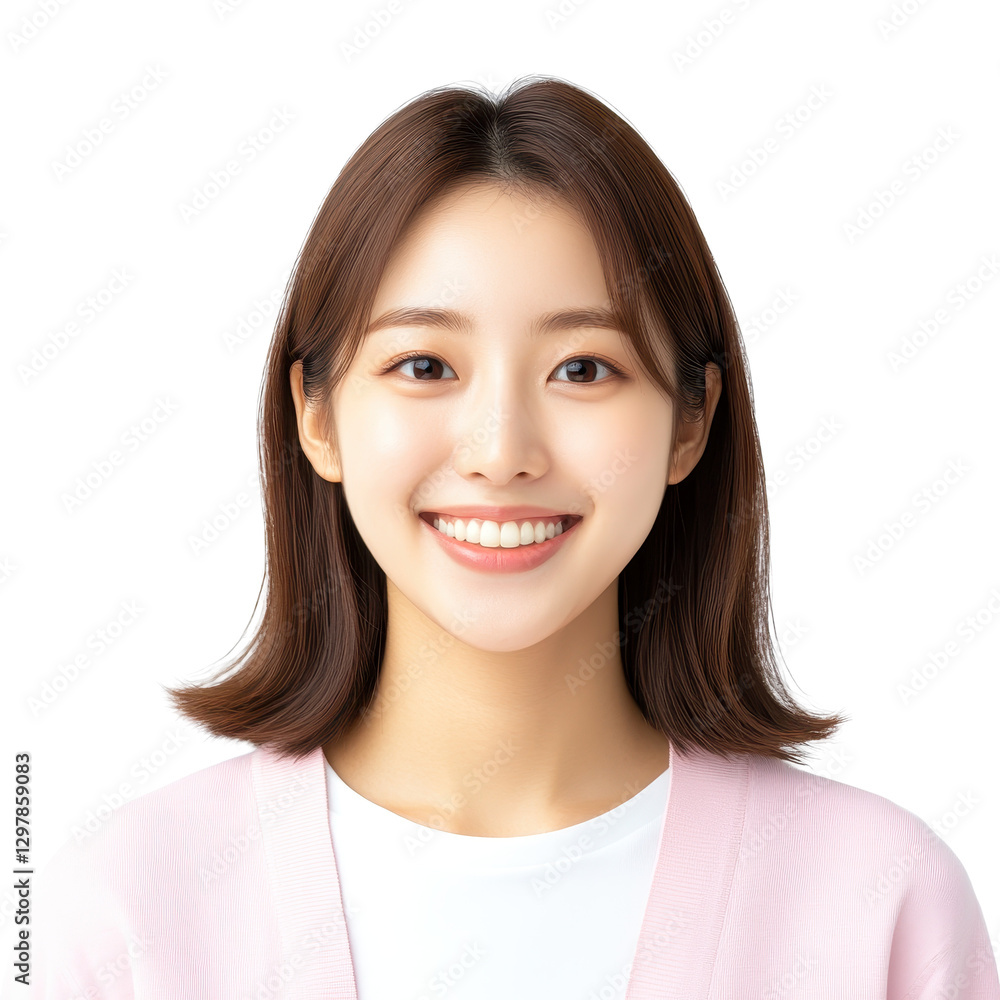 Cheerful young woman smiling warmly, Asian female in casual attire with soft lighting, suitable for personal branding or friendly content. Isolated on white background or PNG Cheerful young woman smiling warmly, Asian female in casual attire with soft lighting, suitable for personal branding or friendly content. Isolated on white background or PNG
