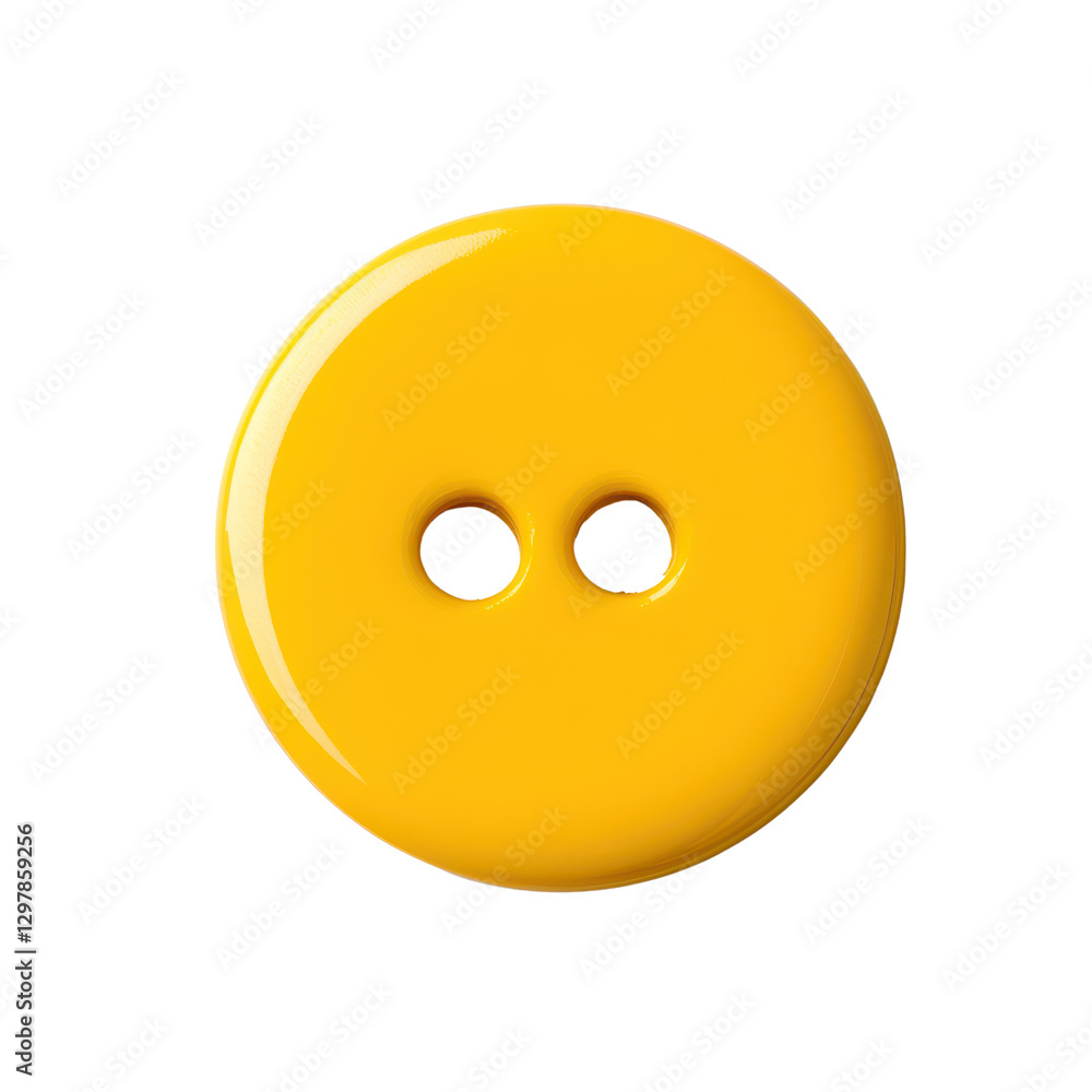 Bright yellow button on white background, round with two holes, playful design element for crafts or fashion projects. Isolated on white background or PNG Bright yellow button on white background, round with two holes, playful design element for crafts or fashion projects. Isolated on white background or PNG