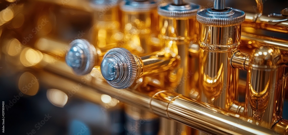 Fototapeta premium Close-up of a Golden Trumpet's Valves: A Symphony of Brass and Metal