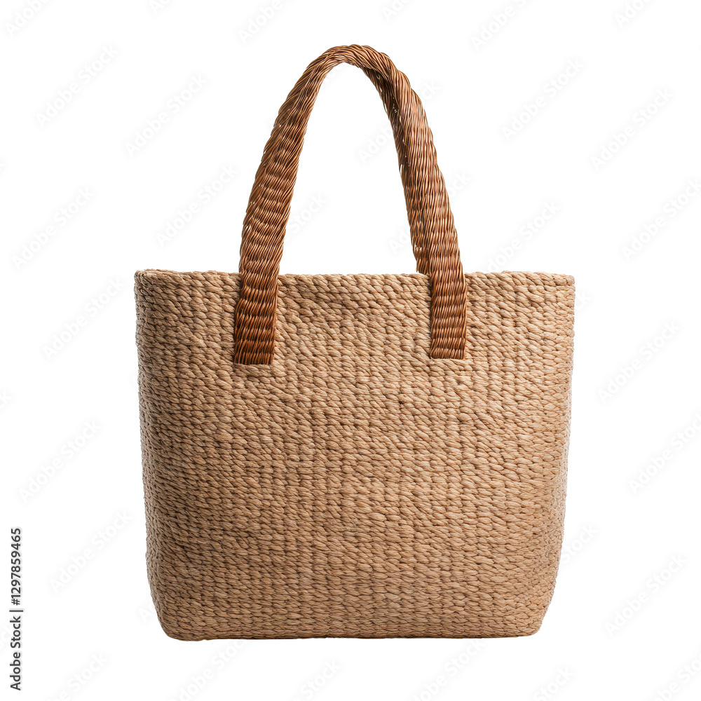 Stylish woven tote bag, natural tan color, leather handles, perfect for shopping or casual outings, ample space for essentials. Isolated on white background or PNG Stylish woven tote bag, natural tan color, leather handles, perfect for shopping or casual outings, ample space for essentials. Isolated on white background or PNG