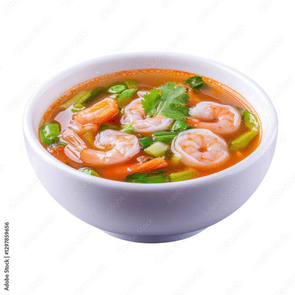 Vibrant shrimp soup in a white bowl, colorful vegetables, steaming broth, perfect for a cozy meal or culinary showcase. Isolated on white background or PNG Vibrant shrimp soup in a white bowl, colorful vegetables, steaming broth, perfect for a cozy meal or culinary showcase. Isolated on white background or PNG