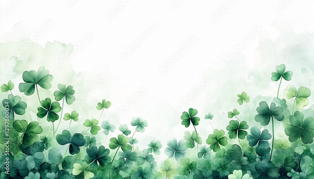 Fototapeta premium Close-up of lush green clovers in soft watercolor style, perfect for St. Patrick's Day cards, nature-themed promotions, or any design evoking good fortune.