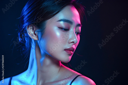 Fashion model posing with sunglasses under colorful neon lights