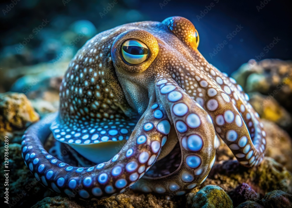 Sublime underwater portrait: a spotted, bluish-grey cephalopod rests elegantly on a rocky outcrop. Sublime underwater portrait: a spotted, bluish-grey cephalopod rests elegantly on a rocky outcrop.