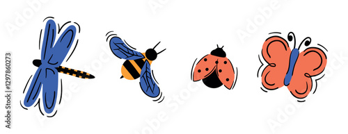 Set of insects in doodle style. Hand drawn butterfly, dragonfly, bee, ladybug. Vector illustration isolated on white background