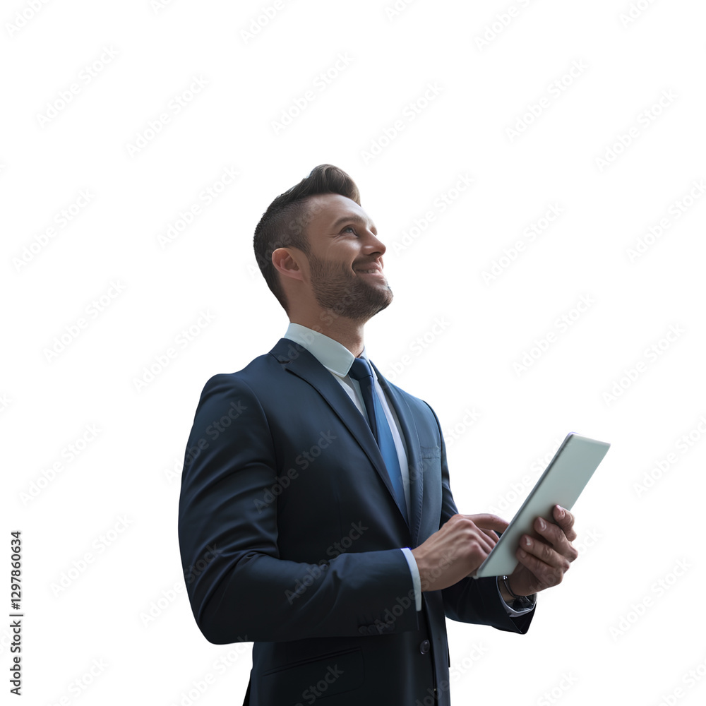 Bearded Man in Business Attire Holding Tablet Outdoors Isolated on Transparent Background PNG Bearded Man in Business Attire Holding Tablet Outdoors Isolated on Transparent Background PNG