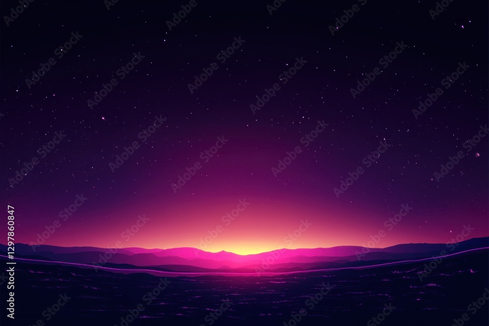 Fototapeta premium Vibrant purple sunset over a silhouetted landscape.