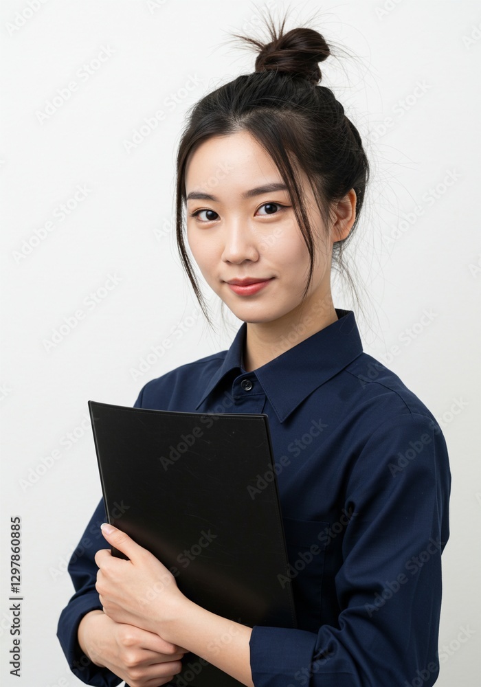 beautiful young woman standing upright confidently holding a black document folder with a smiling face on a white background beautiful young woman standing upright confidently holding a black document folder with a smiling face on a white background