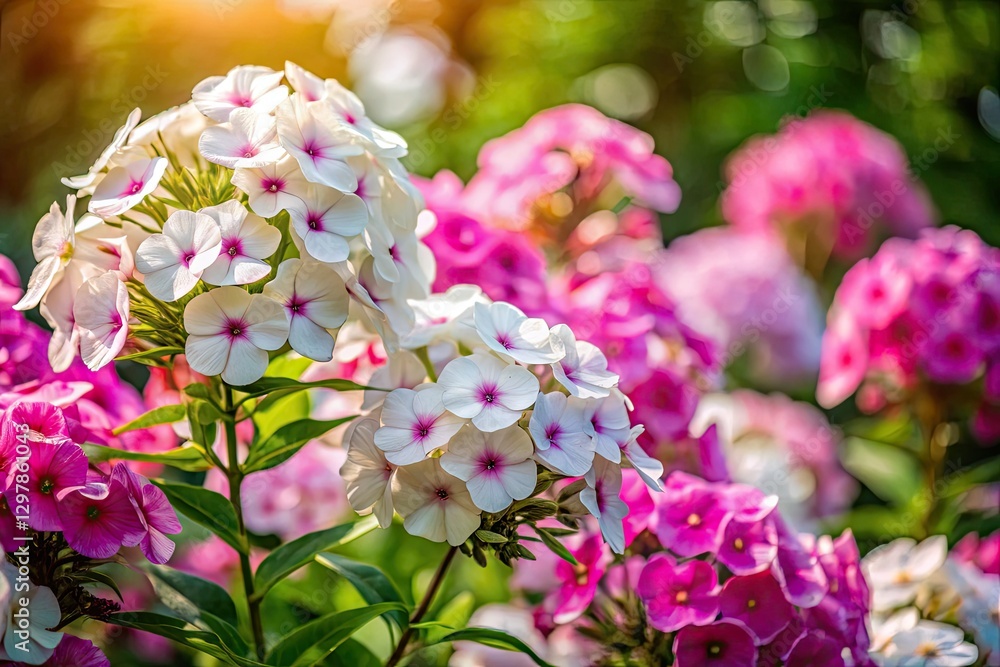 Summer garden ablaze with white and pink phlox, a vibrant bush in bloom. Summer garden ablaze with white and pink phlox, a vibrant bush in bloom.