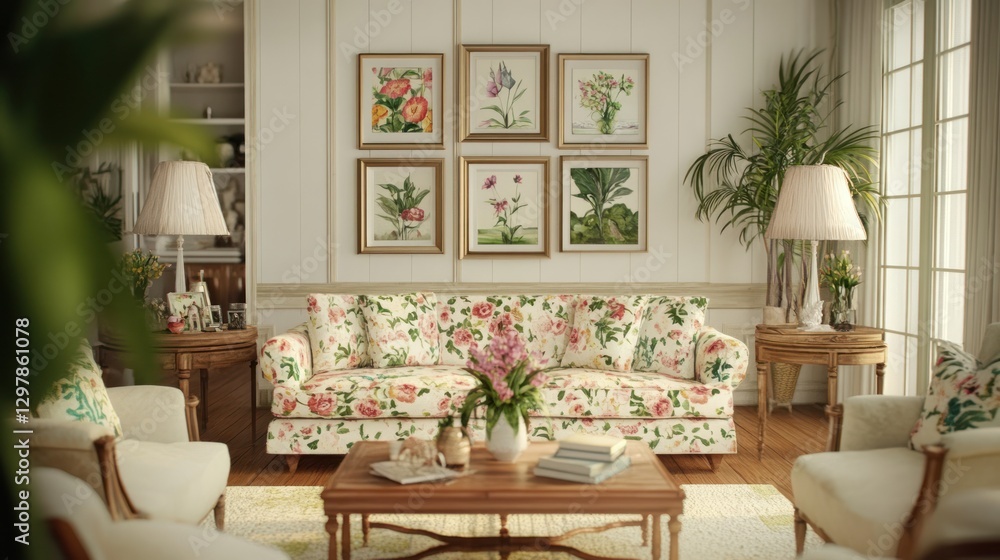 Fototapeta premium Elegant Floral Living Room Interior Design