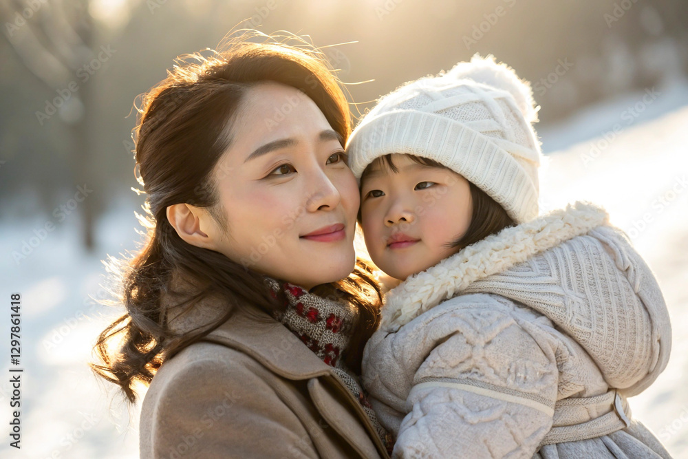 Obraz premium Mother and son enjoying playing in fresh snow during wintertime and sharing a hug