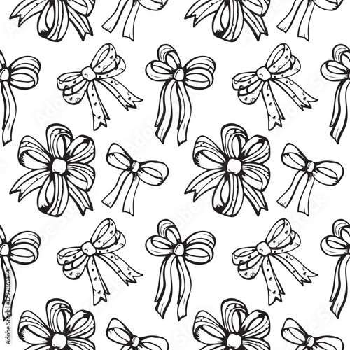Seamless vector pattern with different bows drawn with black line. Doodle style. Design for wrapping paper, backgrounds, wallpapers.