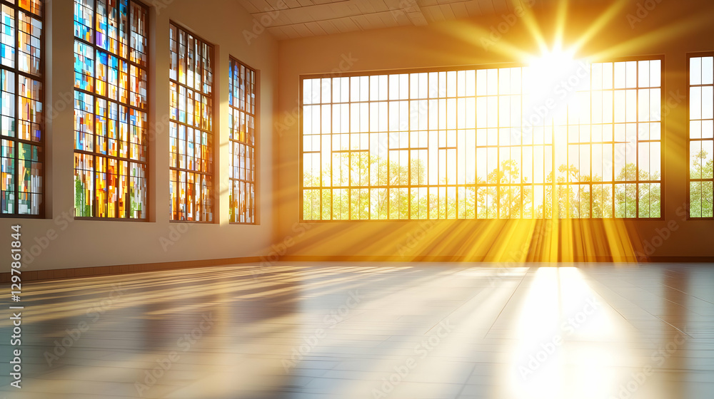 Bright Sunlight Streaming Through Windows Of A Modern Interior With Stained Glass And Wooden Floors Bright Sunlight Streaming Through Windows Of A Modern Interior With Stained Glass And Wooden Floors