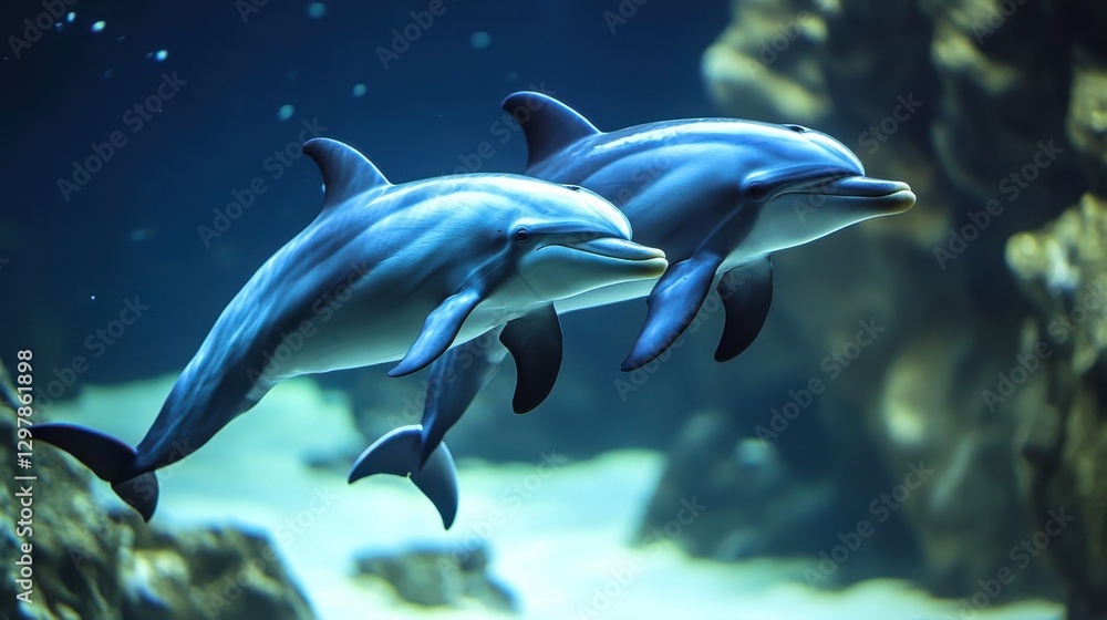 Playful Dolphins Swimming in Underwater Environment Playful Dolphins Swimming in Underwater Environment