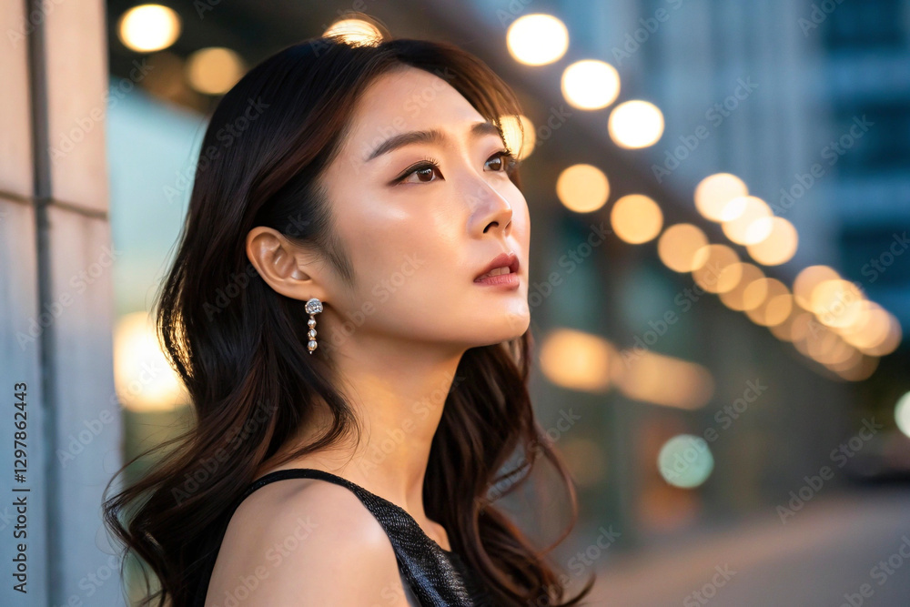 Obraz premium Young woman with captivating gaze poses in vibrant lighting during nighttime social gathering