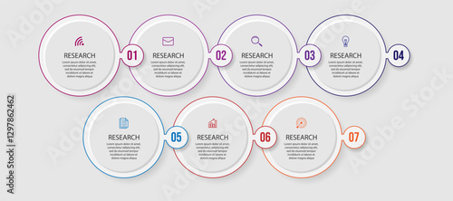 Business Infographic Template Design. Timeline with seven marketing steps, options and icons. Vector linear infographic with eleven connected elements. Can be used for presentations in your business.