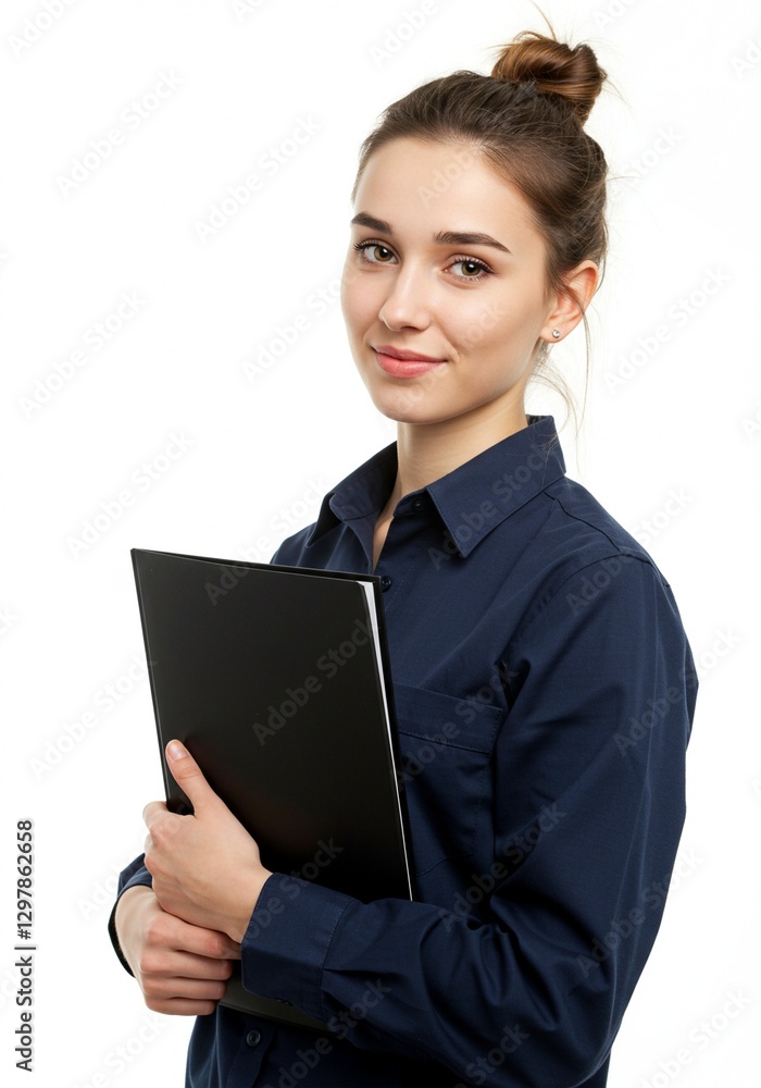 beautiful young woman standing upright confidently holding a black document folder with a smiling face on a white background beautiful young woman standing upright confidently holding a black document folder with a smiling face on a white background