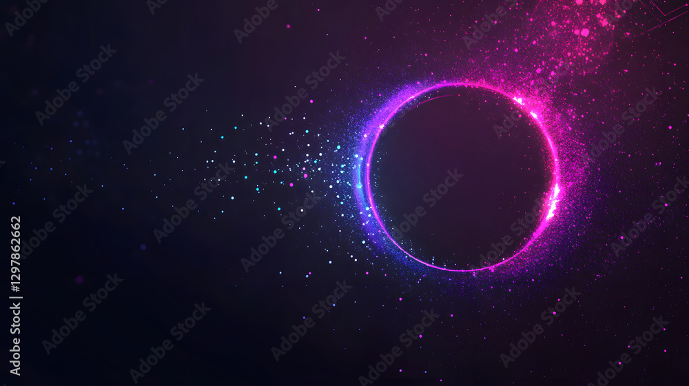 Glowing circle of pink and purple light particles on dark background. Glowing circle of pink and purple light particles on dark background.