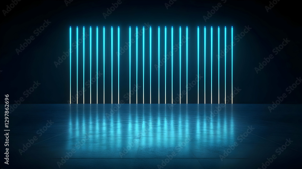 Vertical Blue Neon Light Display Illuminated Against Dark Wall Reflecting on Wet Floor Vertical Blue Neon Light Display Illuminated Against Dark Wall Reflecting on Wet Floor