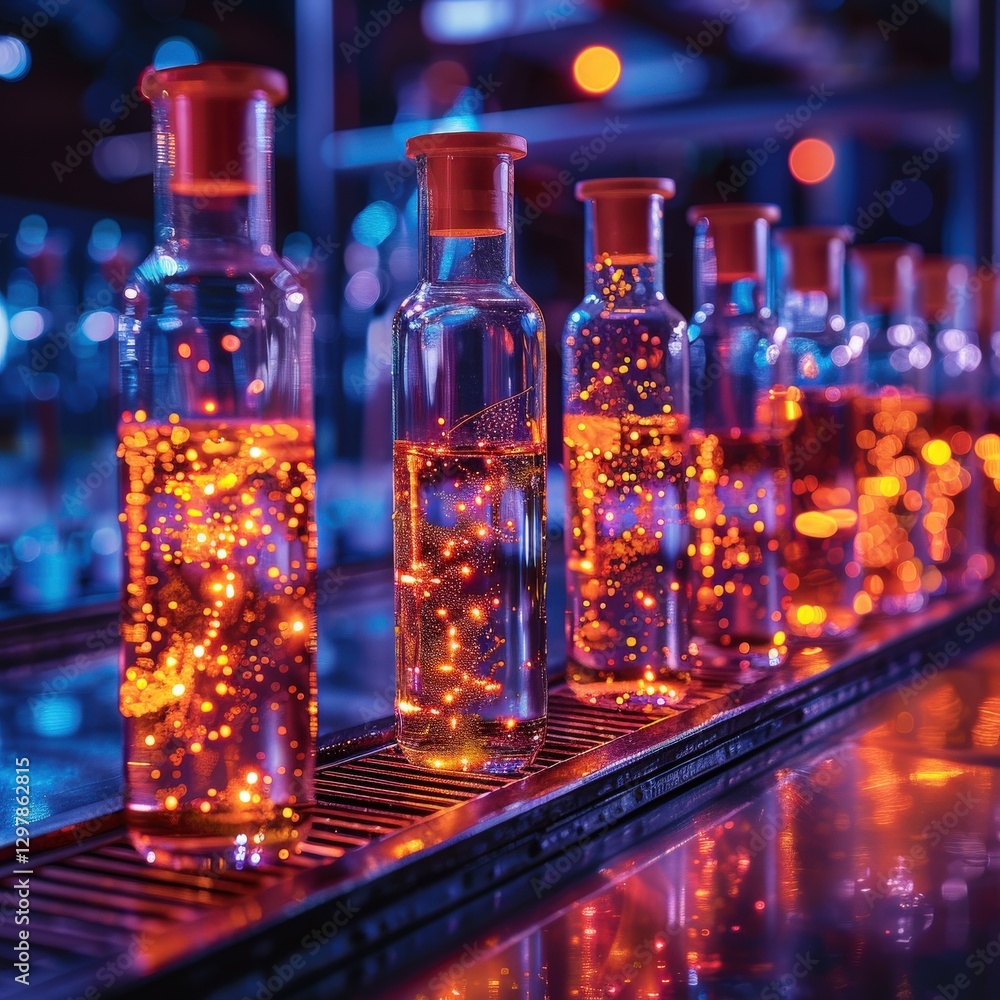 Illuminated laboratory glassware with glowing liquids, showcasing scientific research or experimentation. A vibrant, high-quality image. Illuminated laboratory glassware with glowing liquids, showcasing scientific research or experimentation. A vibrant, high-quality image.