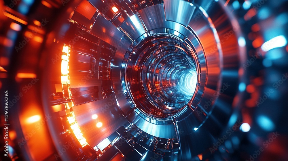 Fototapeta premium A futuristic circular tunnel with glowing red and blue lights