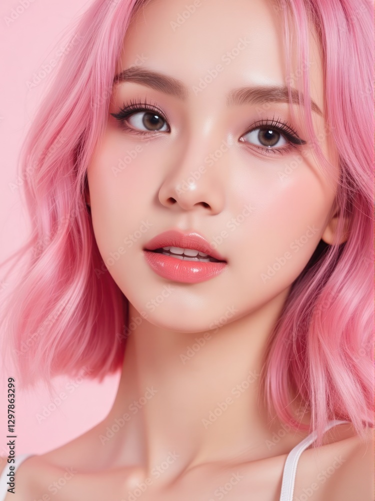 beauty portrait of a model with medium wavy pink hair, vibrant makeup, and glossy lips, radiating confidence and allure in a soft pink photoshoot setting. beauty portrait of a model with medium wavy pink hair, vibrant makeup, and glossy lips, radiating confidence and allure in a soft pink photoshoot setting.