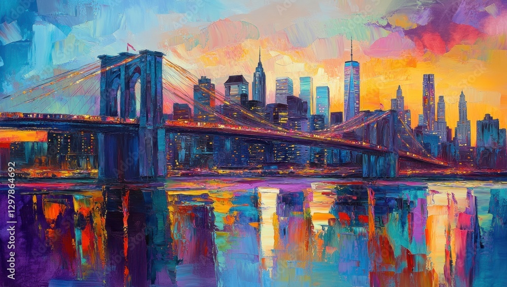Fototapeta premium Vibrant sunset over Brooklyn Bridge and NYC skyline. (1)