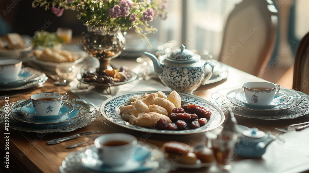 Traditional iftar table with dates, tea, and decorative plates, elegant composition, soft focus Traditional iftar table with dates, tea, and decorative plates, elegant composition, soft focus