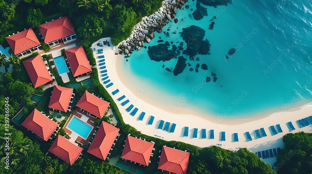 Naklejka premium Luxury tropical beach resort with private villas, swimming pools, and turquoise ocean, aerial view of exotic paradise, relaxing vacation destination, high-end coastal retreat surrounded by nature
