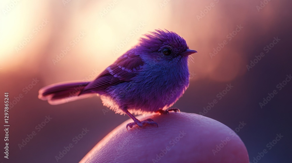 Whimsical avian perched on a human fingertip under soft light Whimsical avian perched on a human fingertip under soft light