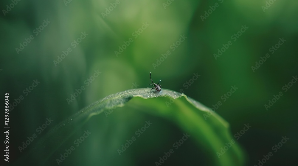 Fototapeta premium Close-up of a tick on a leaf in a green forest, representing the risk of tick-borne diseases and outdoor health hazards in nature.