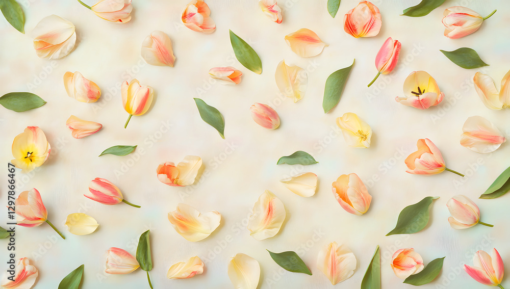 Pastel peach tulips and petals arranged on a creamy background. Delicate and elegant floral pattern. Pastel peach tulips and petals arranged on a creamy background. Delicate and elegant floral pattern.