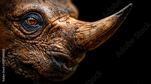 Rhinoceros head profile showing detailed textured skin and a sharp horn against a black background.