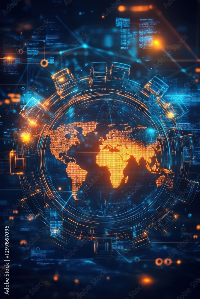 Global Network: Digital World Map in Futuristic Interface Global Network: Digital World Map in Futuristic Interface