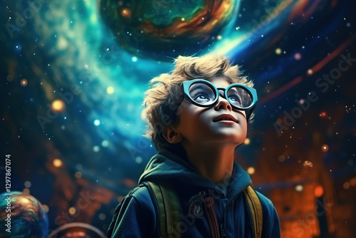 A smart boy in round glasses fantasizes about distant fantasy worlds, planets, space, the universe. Positive child, schoolboy against the background of multi-colored galaxies and nebulae. photo