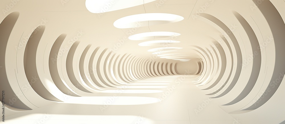 Obraz premium White futuristic architecture. Brightly lit large airy hall, gallery, corridor, fantastic airport terminal. Round minimalistic freeform, organic design. Smooth curves of lines, conceptual building.
