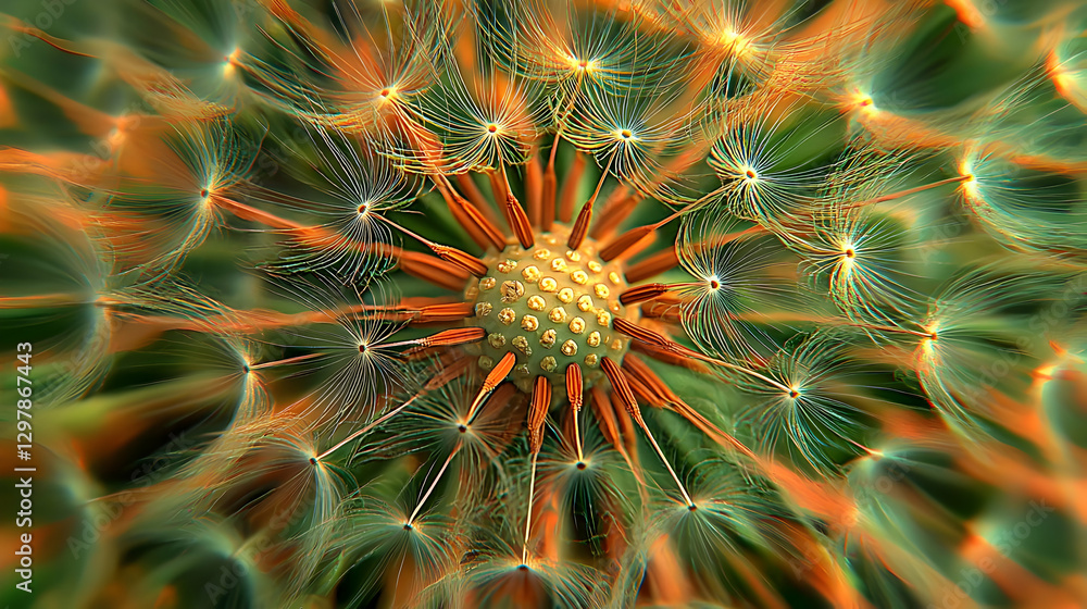 Obraz premium Detailed Macro Shot of a Dandelion Seed Head Showing Radial Structure and Delicate Texture with Green and Orange Hues