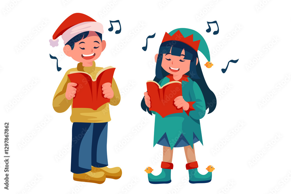 Fototapeta premium Children Singing Christmas Song with Book Illustration