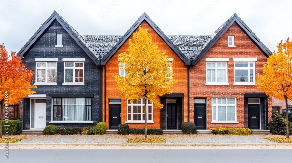 Autumnal facade of houses showcasing vibrant color and classic architecture in the neighborhood street capturing the season's essence Autumnal facade of houses showcasing vibrant color and classic architecture in the neighborhood street capturing the season's essence